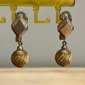 Vintage Signed Lewis Segal Art Deco Gold Tone Dangle Post And Clip Earrings